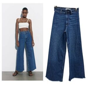 Zara Deep Blue Wide Leg Jeans Zara Wide Leg Raw Hem Dark Wash Jeans Womens Sz 2